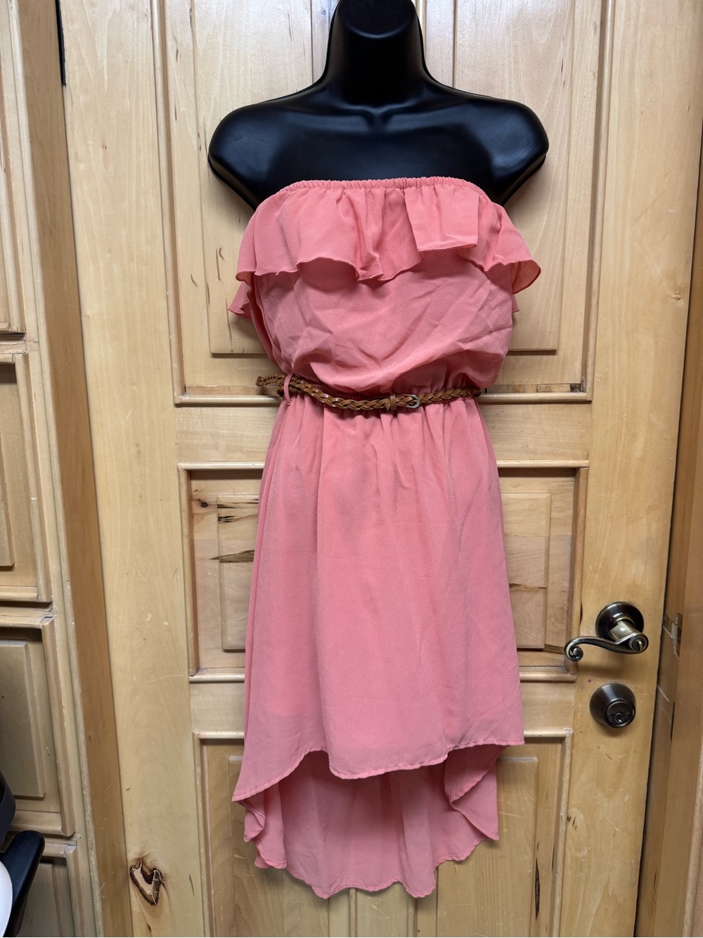 mine Coral Pink Strapless Ruffle High-Low Dress with Braided Belt